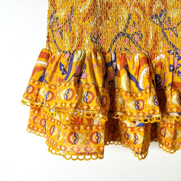 FARM RIO Skirt Women XL Orange Yellow 100% Cotton Palms Party Smocked Mini NWT - Picture 2 of 10